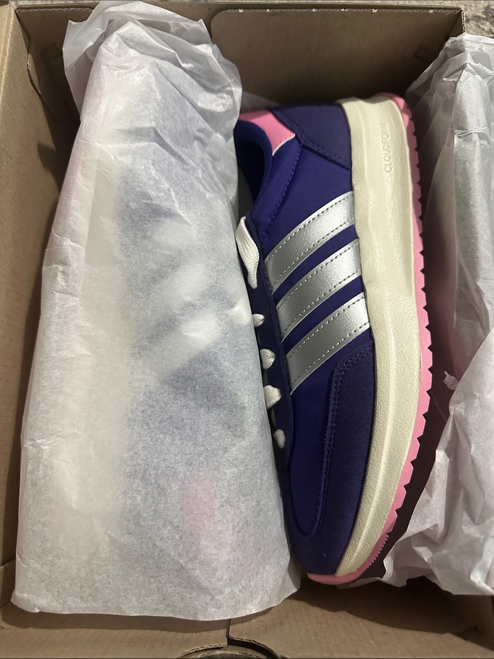 adidas Women’s Purple and Pink Cloudfoam Sneaker with Silver Stripes
